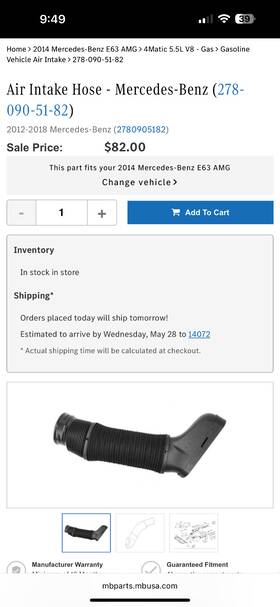Ih27 Mercedes-benz Ih26 Air Intake Hose Left Fit S550 S63 Amg 2014-2017